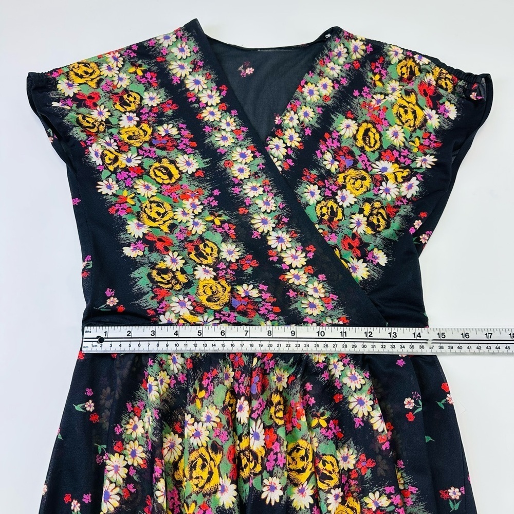 Vintage 80s floral midi dress black full skirt semi sheer Small Retro - Picture 5 of 9